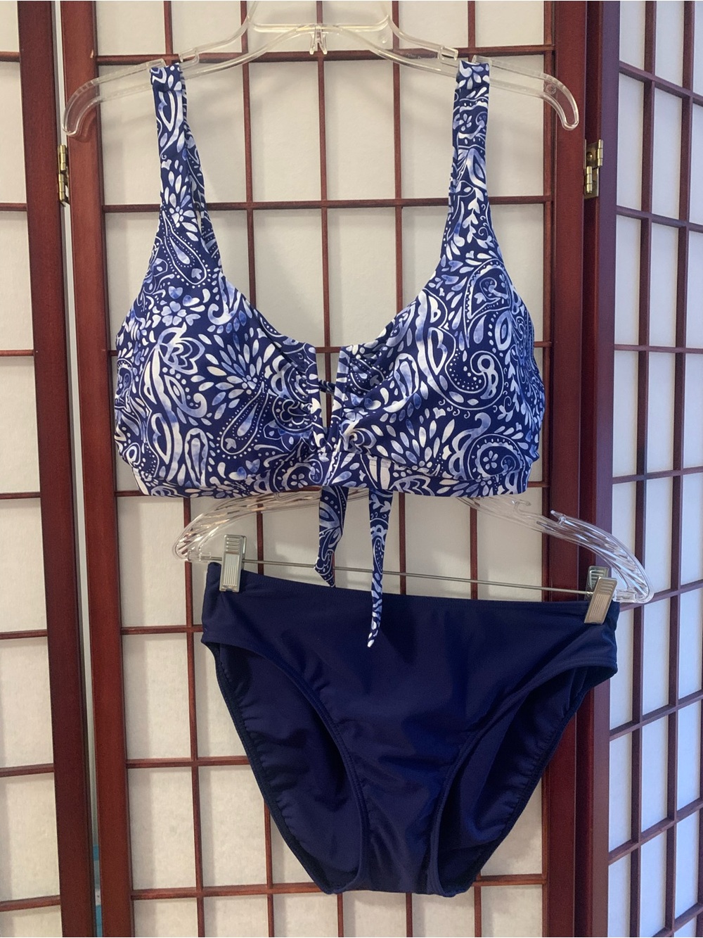NWT Sunsets Marina Navy Blue/White Print 2-Piece Bikini with Halter Tie Size XL